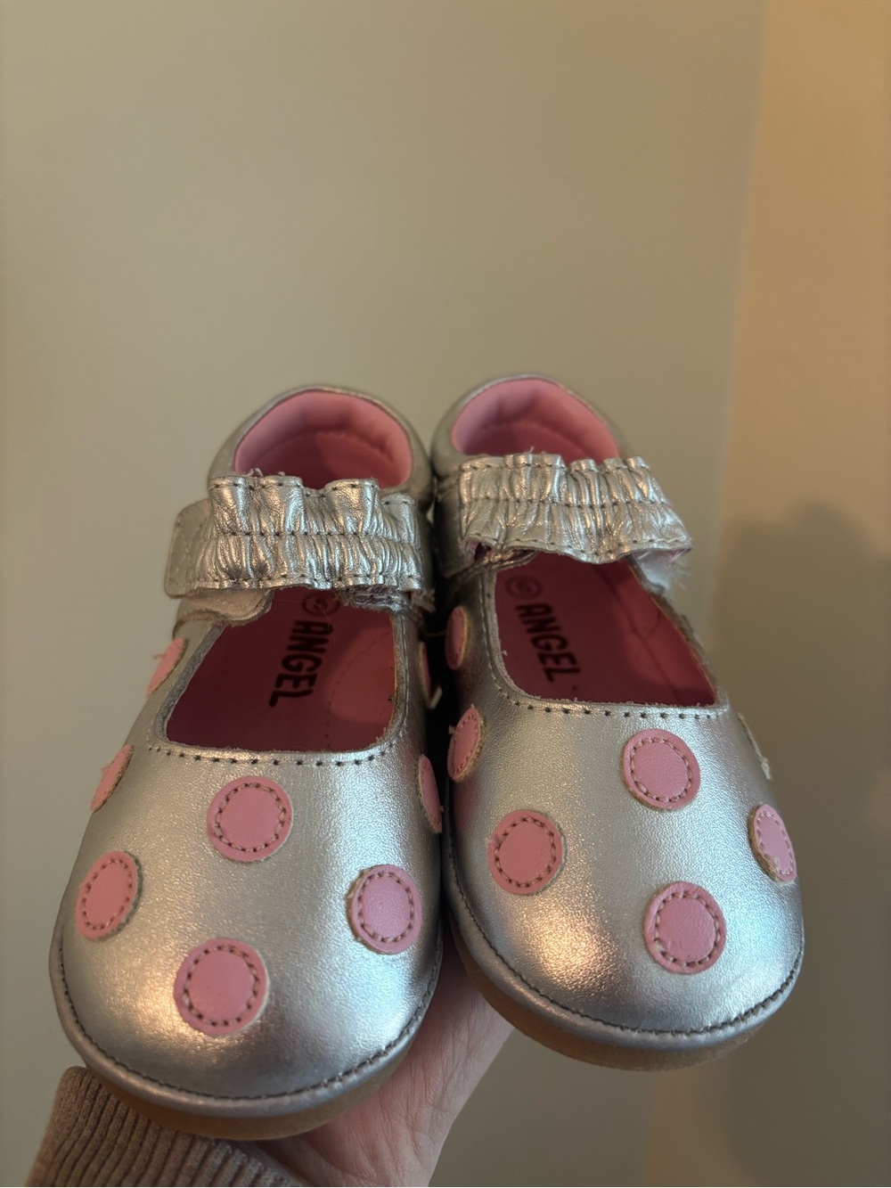 Angel silver and pink polka dot Mary Janes